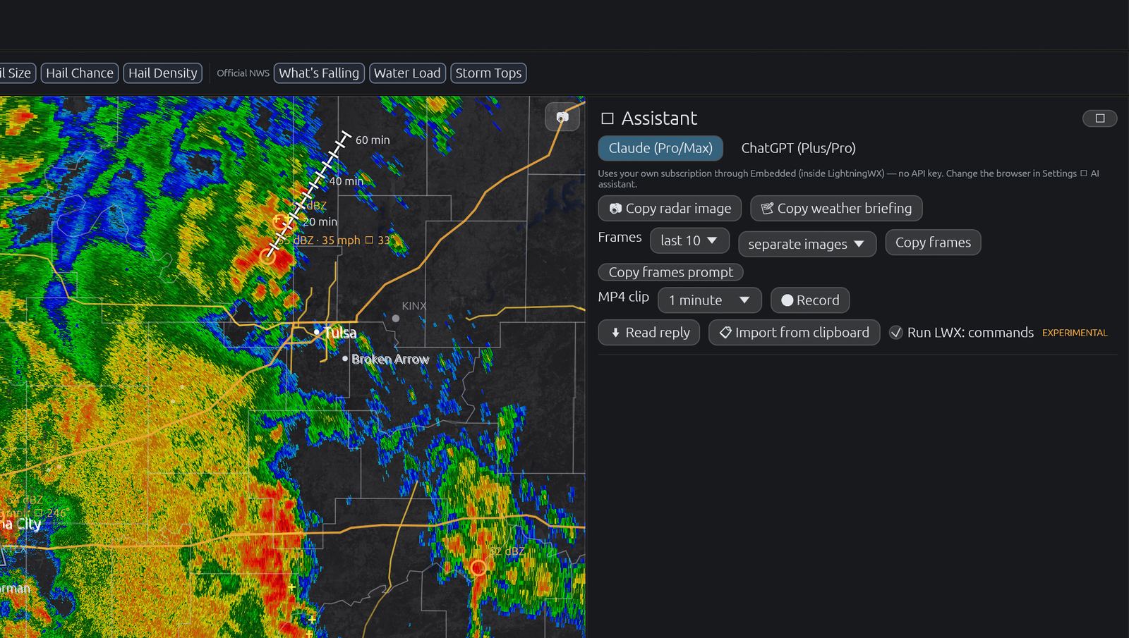 Experimental AI Assistant panel beside live radar with radar image, frame and briefing hand-off buttons