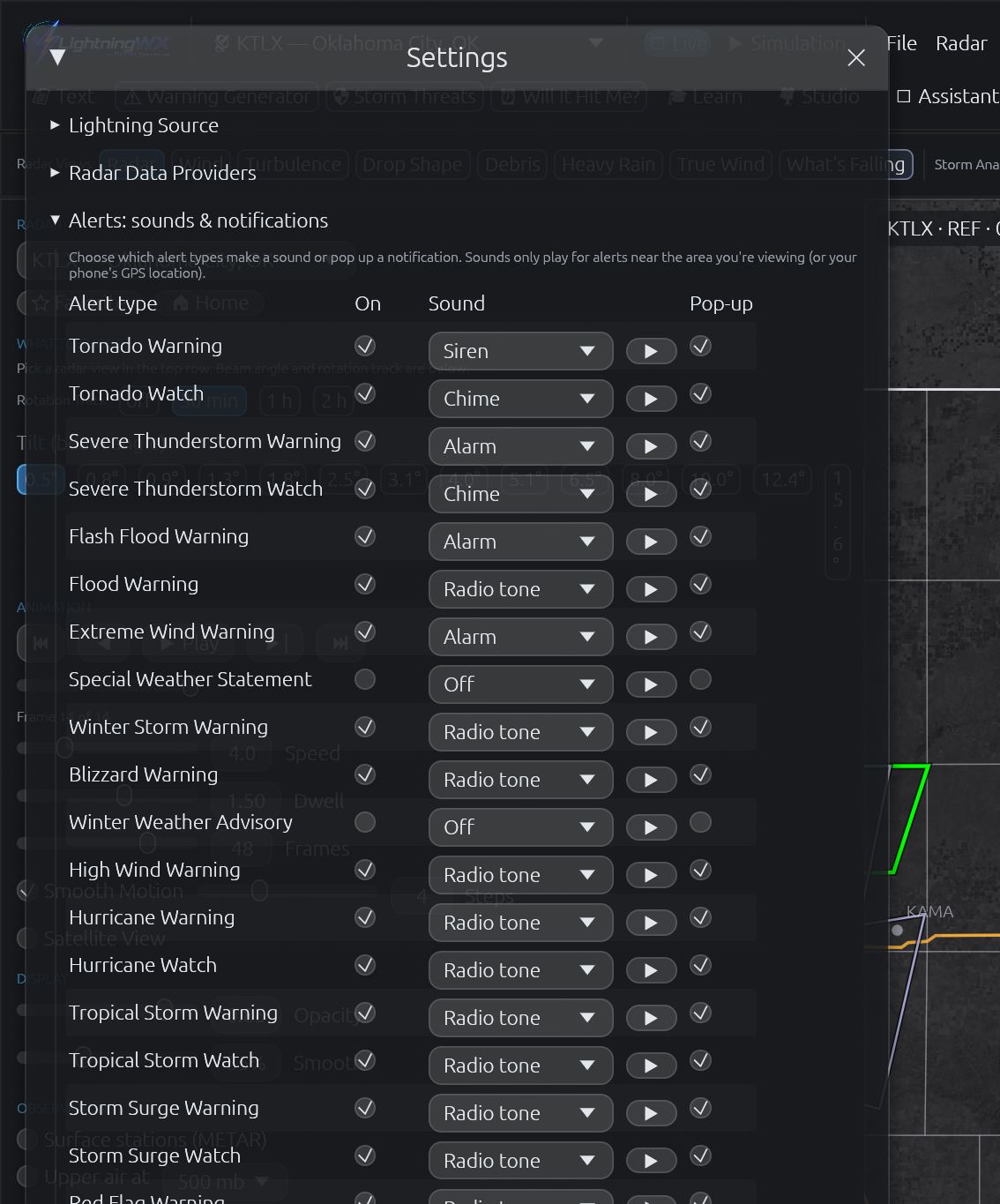 LightningWX alert sounds and notification settings for NWS watches and warnings