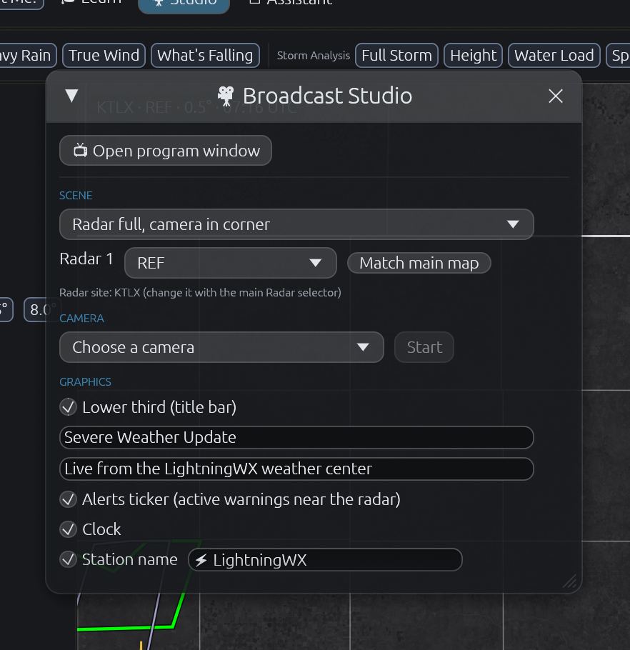 Broadcast Studio controls for camera and radar panes, lower thirds and an alerts ticker