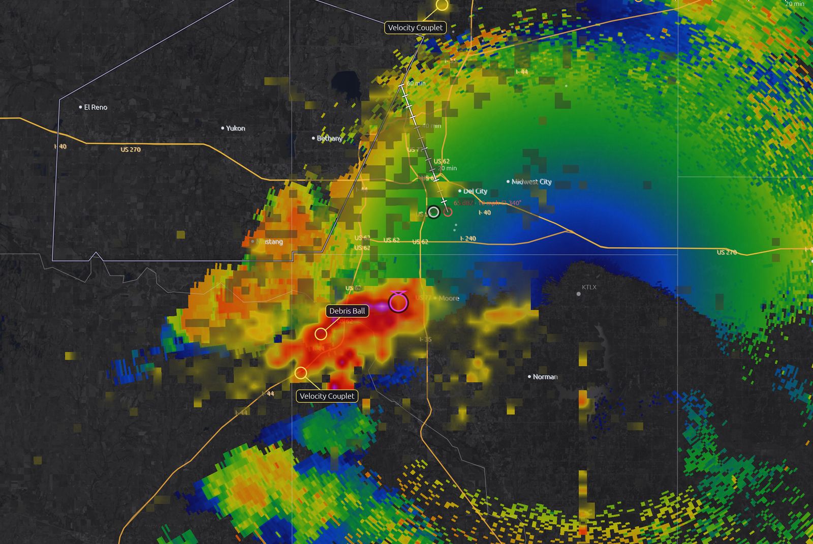 Echo tops Height view showing how tall the Moore storm grew