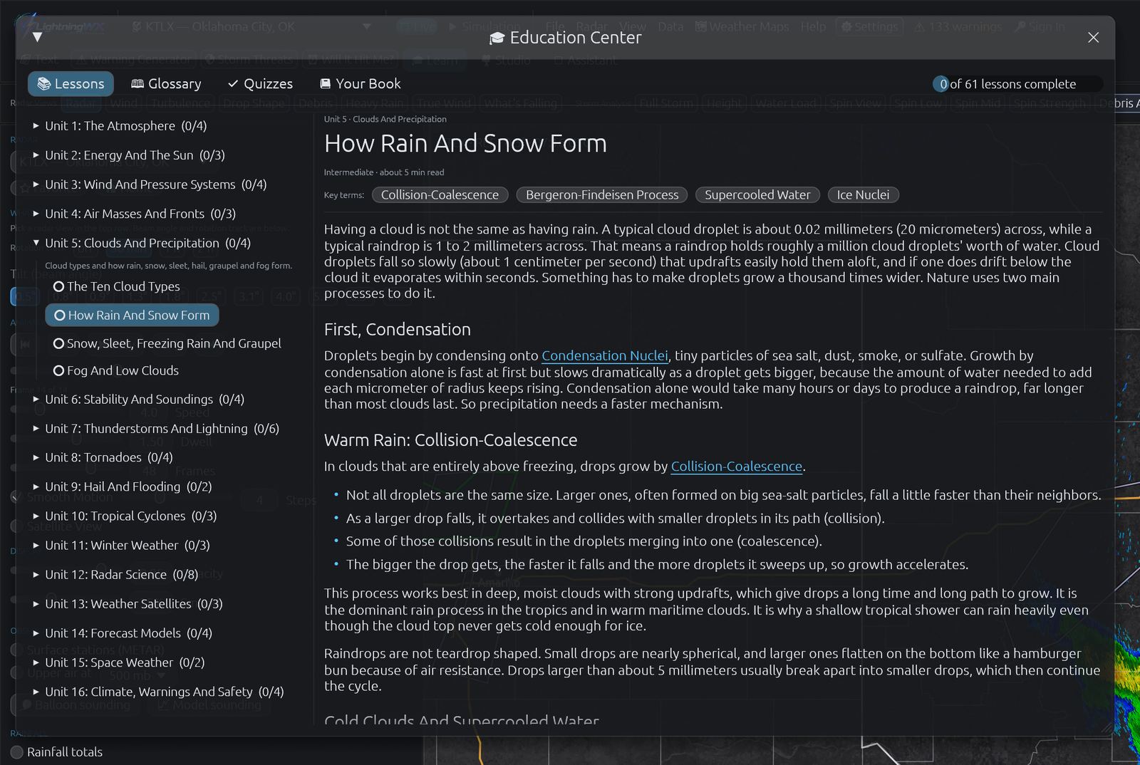 Education Center lesson on how rain and snow form, with the unit list, glossary, quizzes and ebook tabs