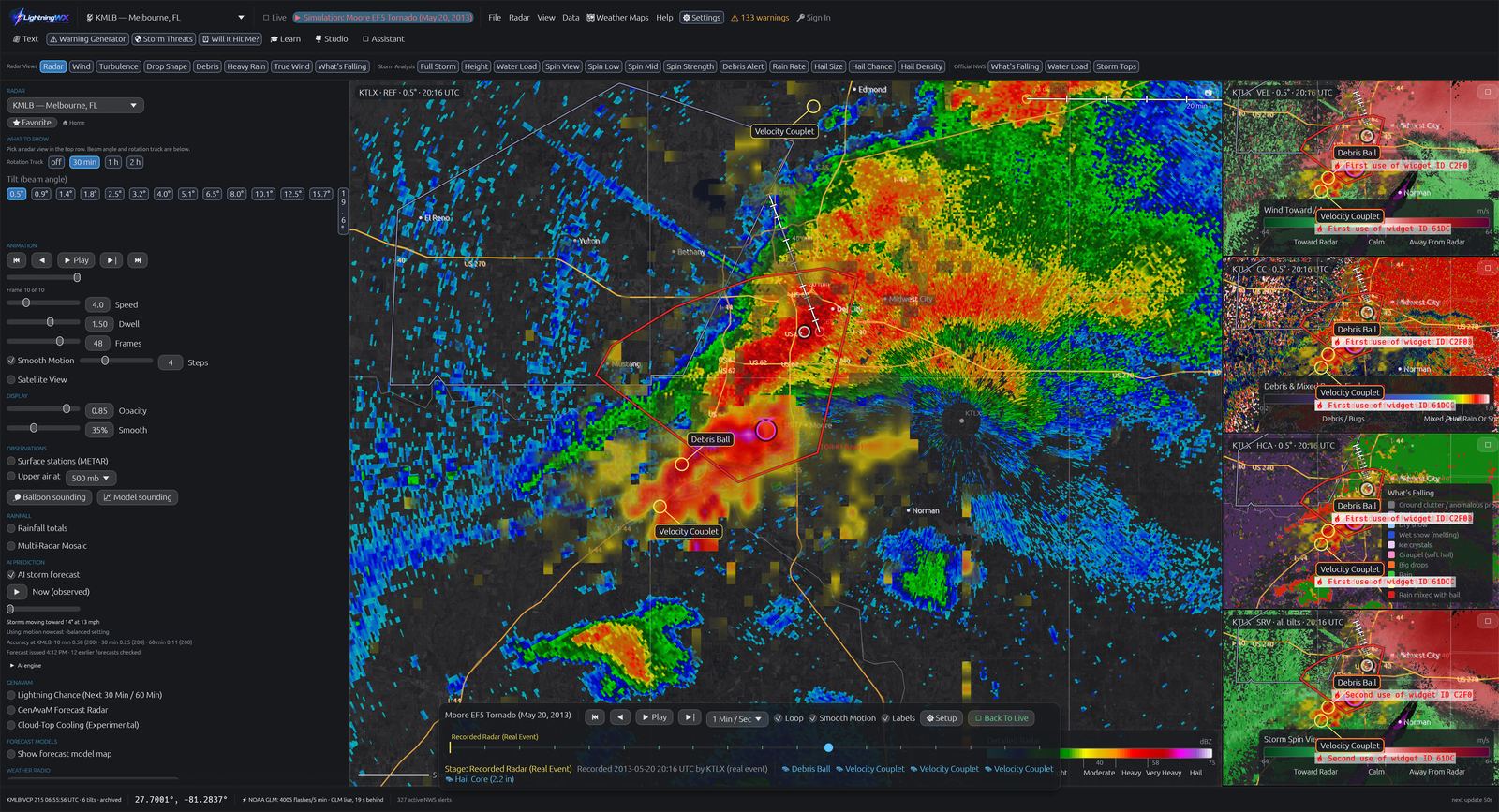 Five-pane radar layout comparing five products of the Moore, Oklahoma tornado at once