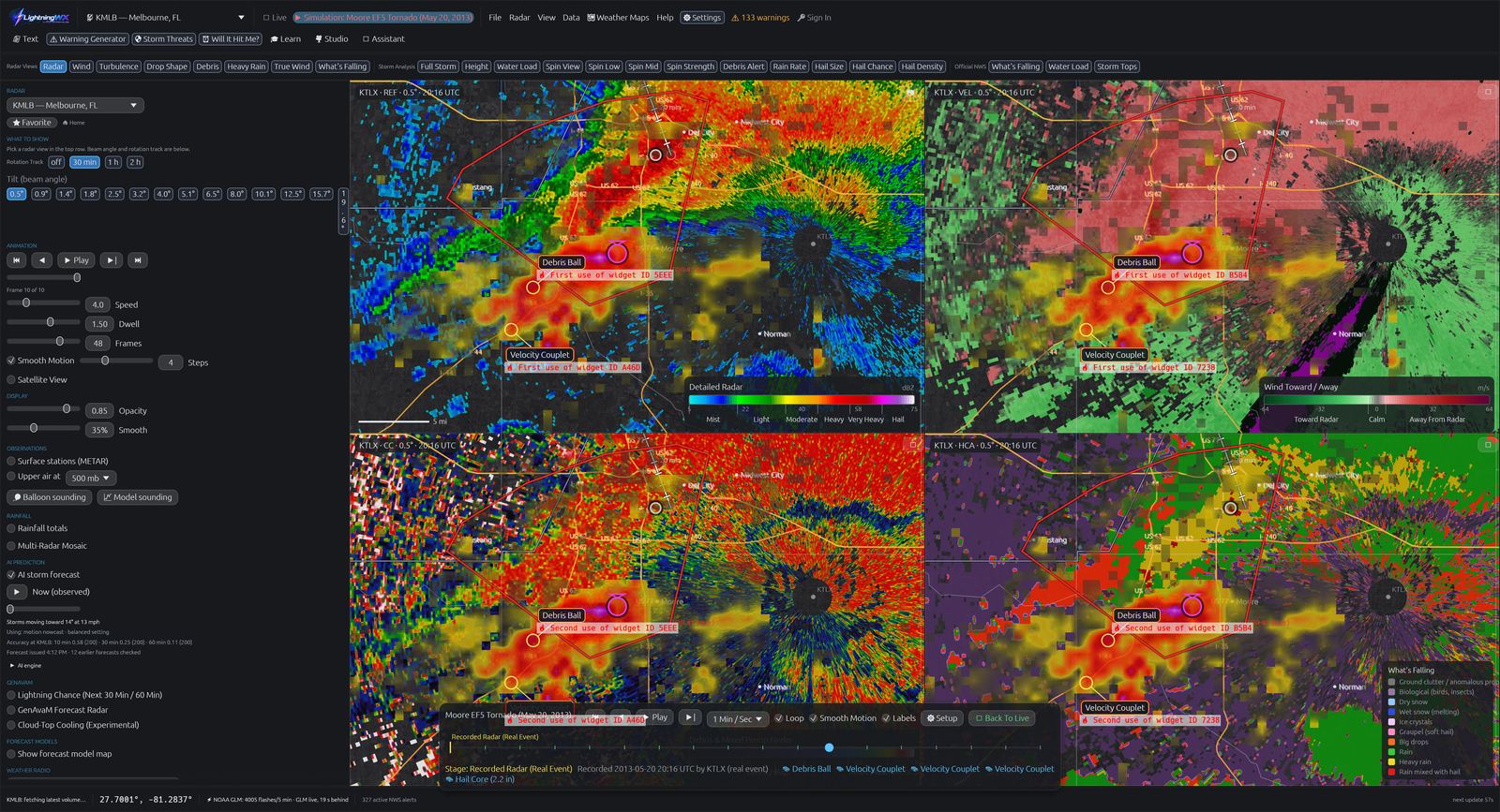 Four-pane LightningWX layout with reflectivity, velocity, correlation coefficient and hydrometeor classification of the Moore tornado