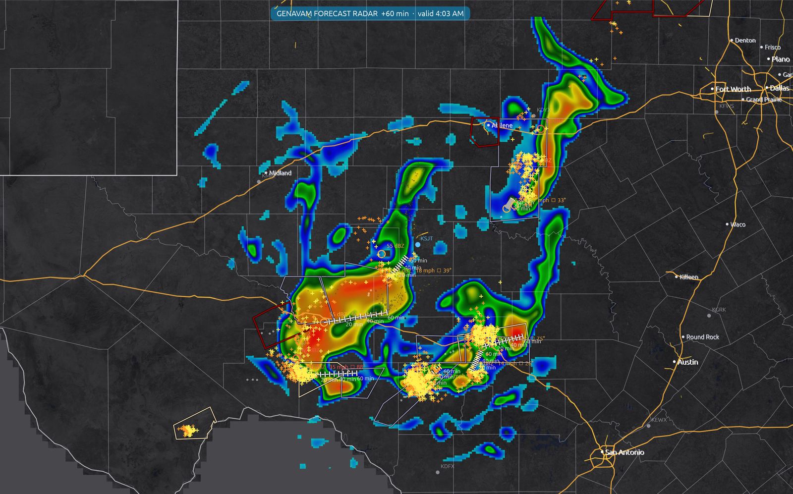 GenAvaM forecast radar showing where storms are expected in 60 minutes