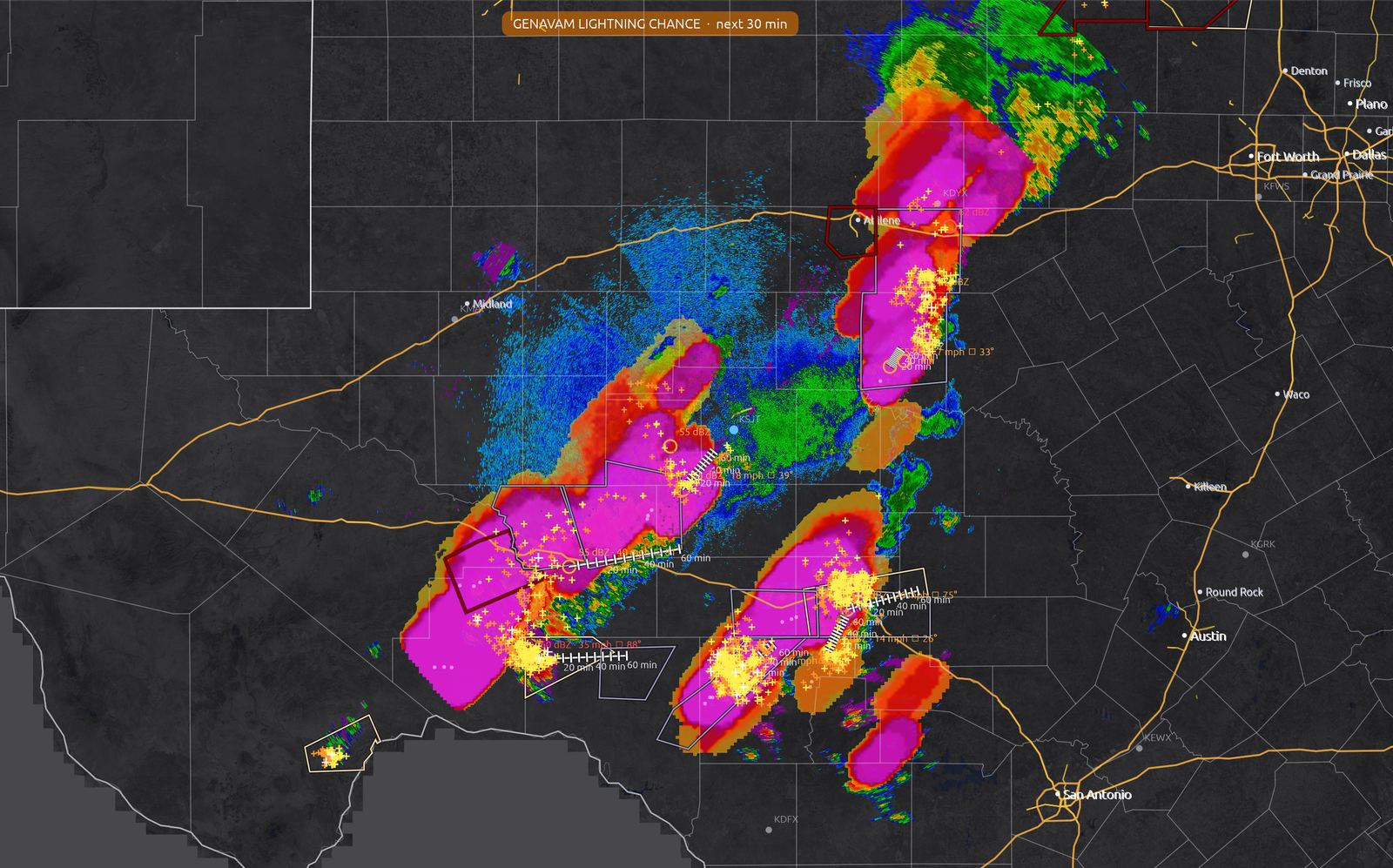 GenAvaM lightning chance forecast for the next 30 minutes over West Texas storms