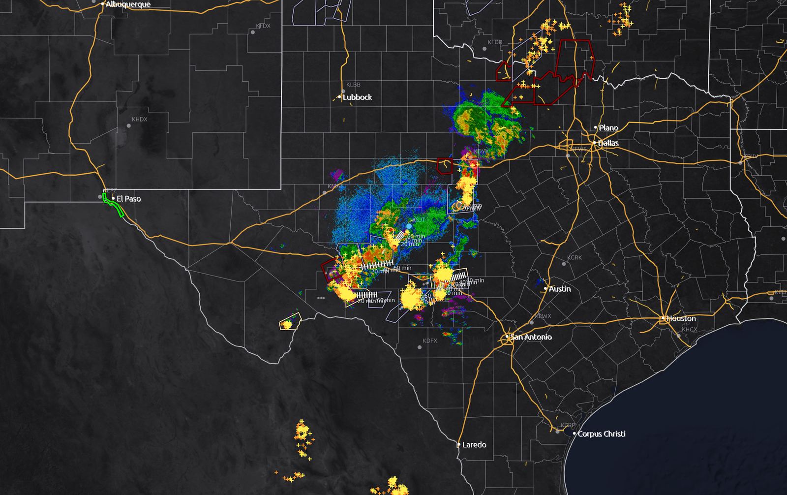 NOAA GOES GLM satellite lightning flashes drawn on top of radar over Texas thunderstorms