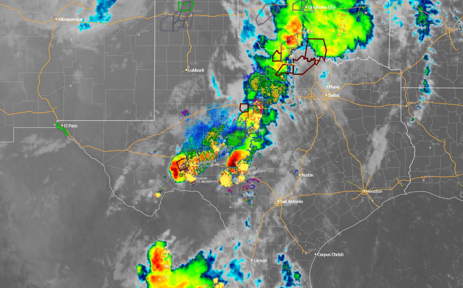 GOES infrared satellite view under radar with lightning flashes