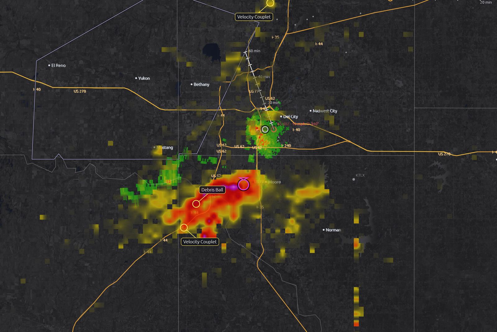 Hail Size estimate (MEHS) over the Moore, Oklahoma supercell