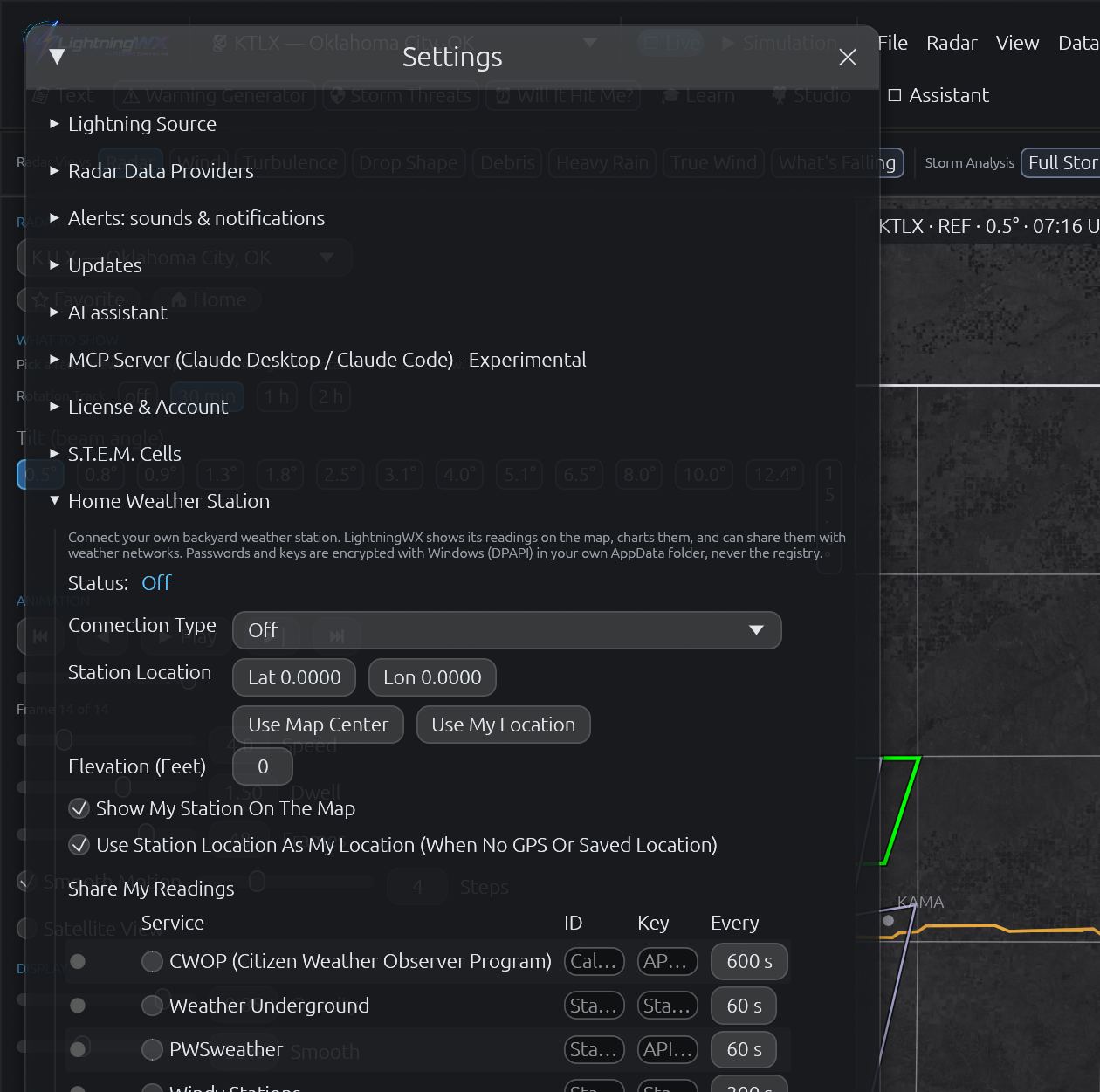 Home Weather Station settings for connecting a backyard station and sharing readings