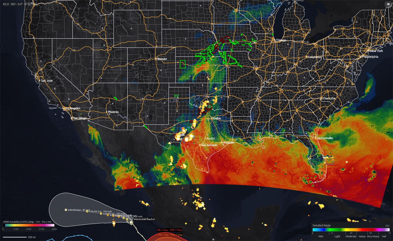 HRRR model CAPE instability forecast map over the United States