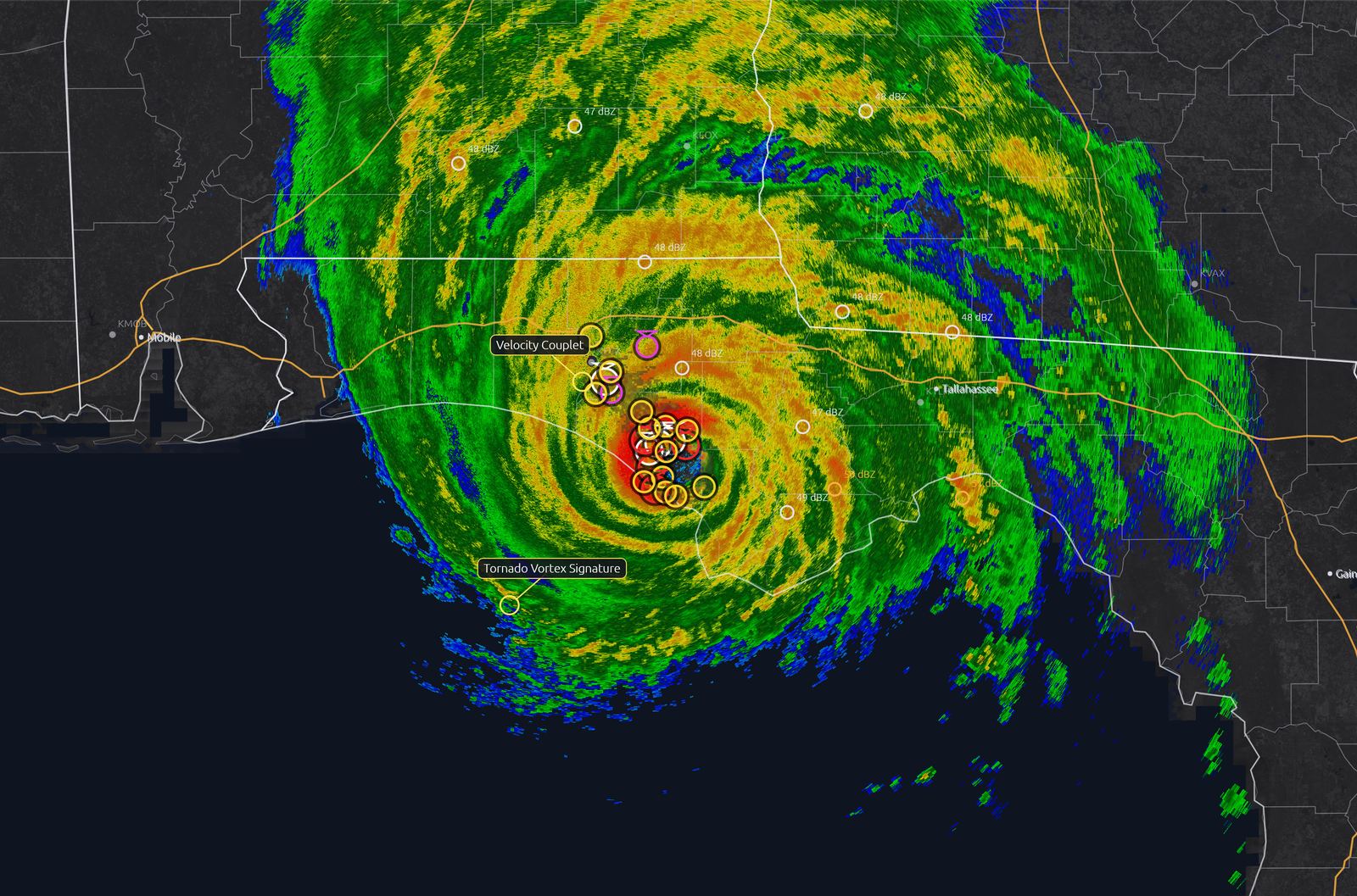 Hurricane Michael eyewall and rainbands on radar at Florida Panhandle landfall