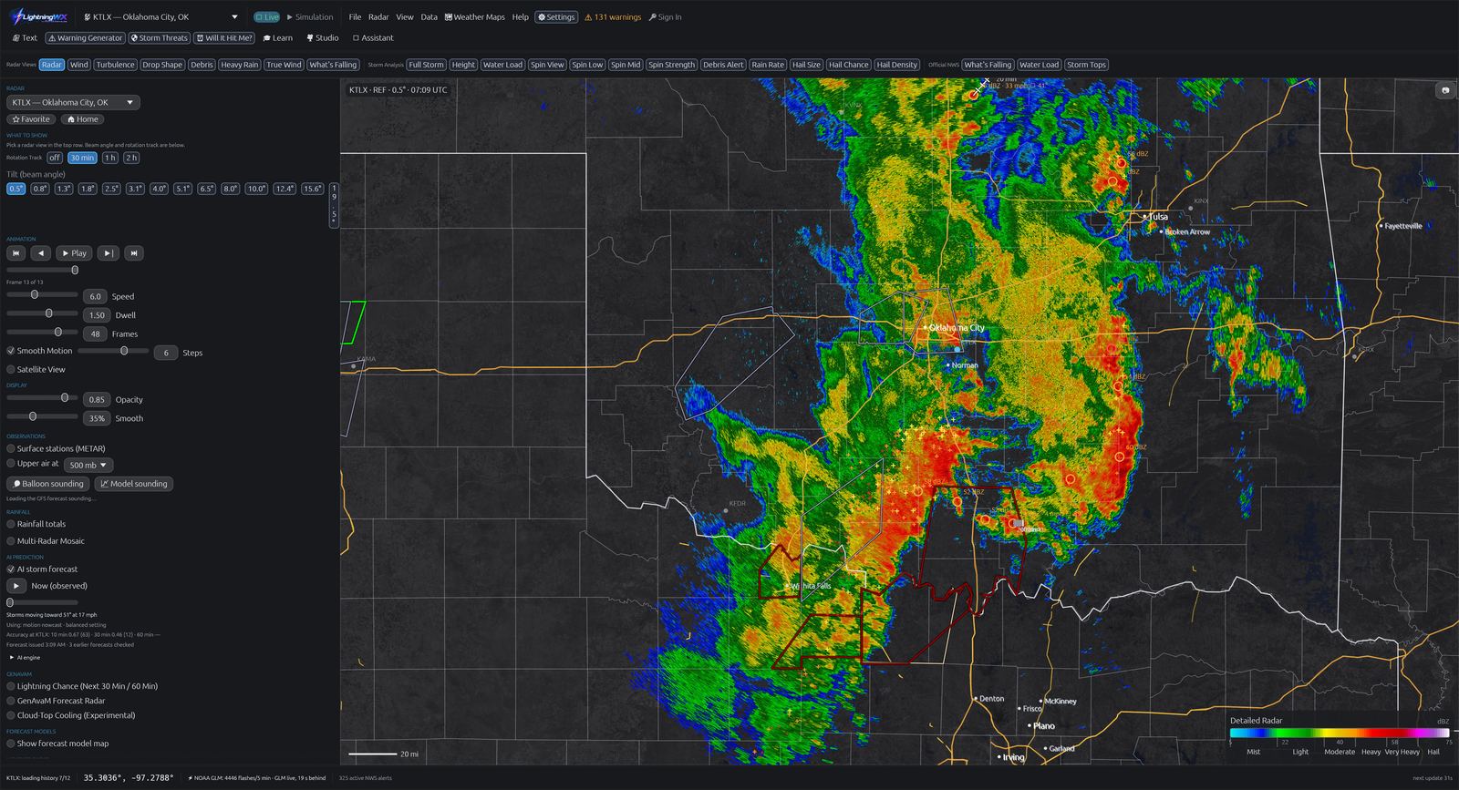 LightningWX live NEXRAD reflectivity from KTLX Oklahoma City with NWS warning polygons and storm tracks