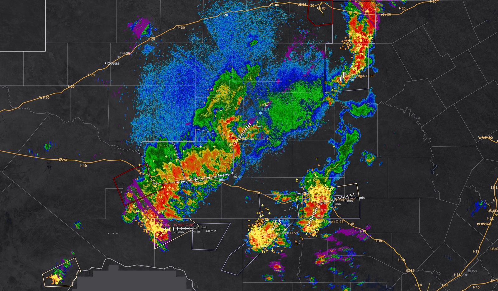 Live Level II radar of West Texas thunderstorms from KSJT San Angelo with satellite lightning on top