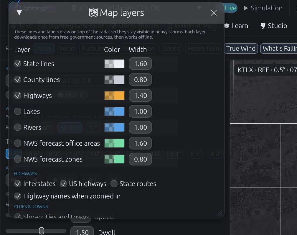 Map Layers window with roads, counties, cities and GIS layers over radar