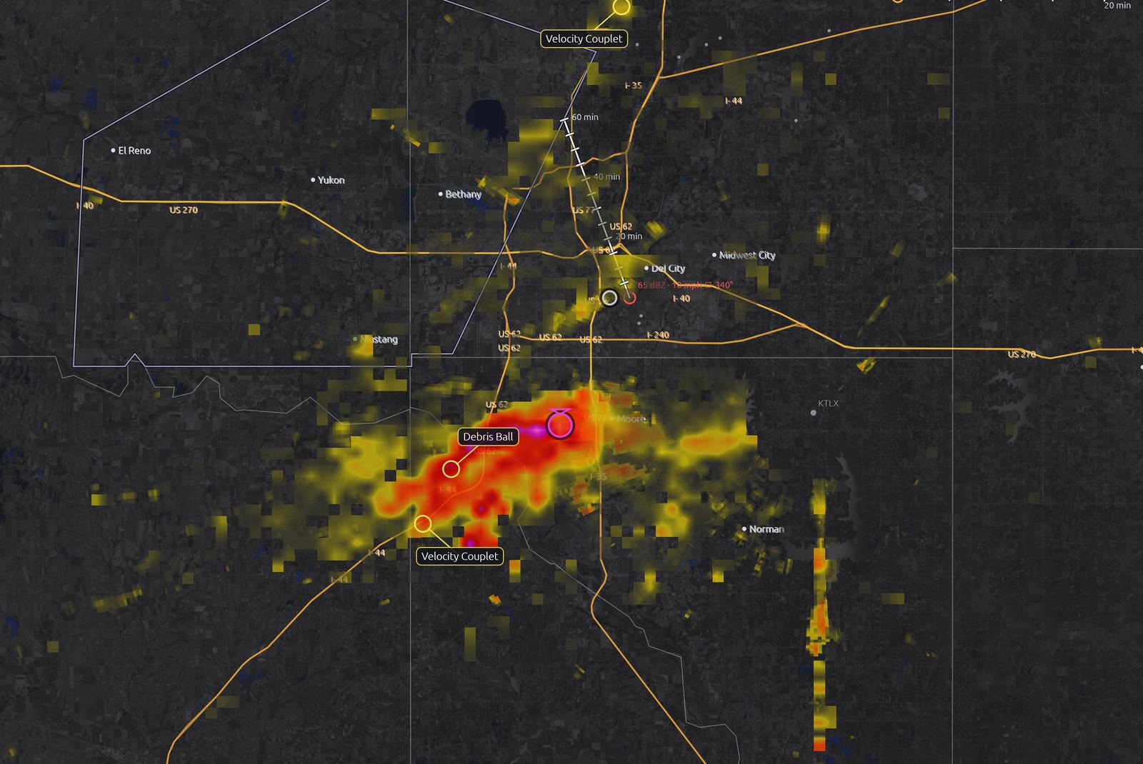 Spin View with mesocyclone and tornado vortex signature rings on the Moore supercell