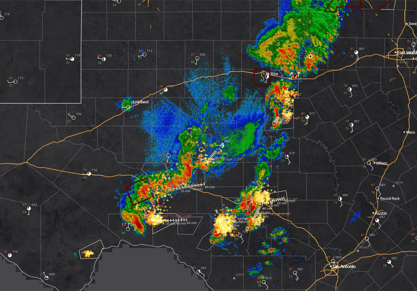 METAR surface observation station plots over live radar