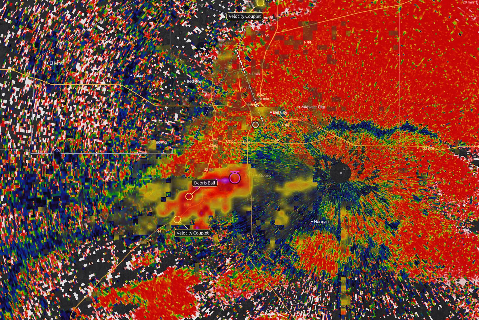 Correlation coefficient Debris view highlighting the tornado debris signature in Moore, Oklahoma