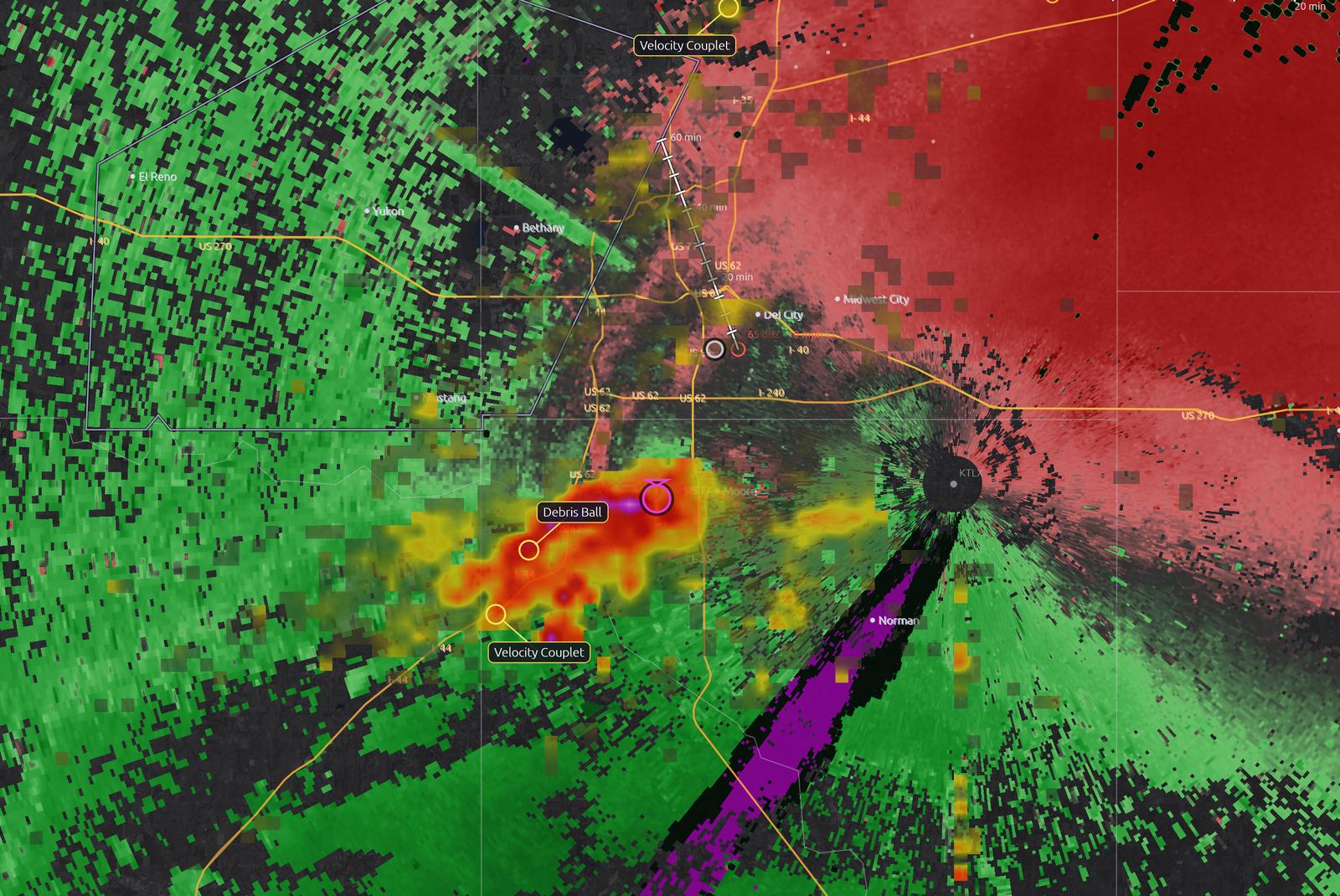 Storm-relative velocity True Wind view revealing the Moore tornado mesocyclone