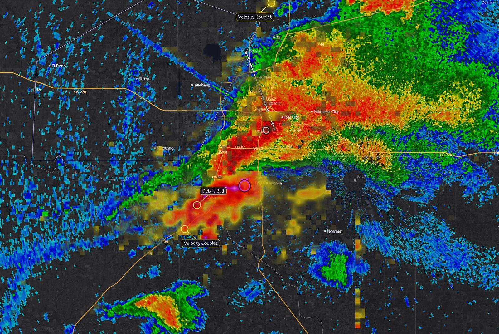 LightningWX radar showing the May 20, 2013 Moore, Oklahoma tornado hook echo and debris ball (KTLX)