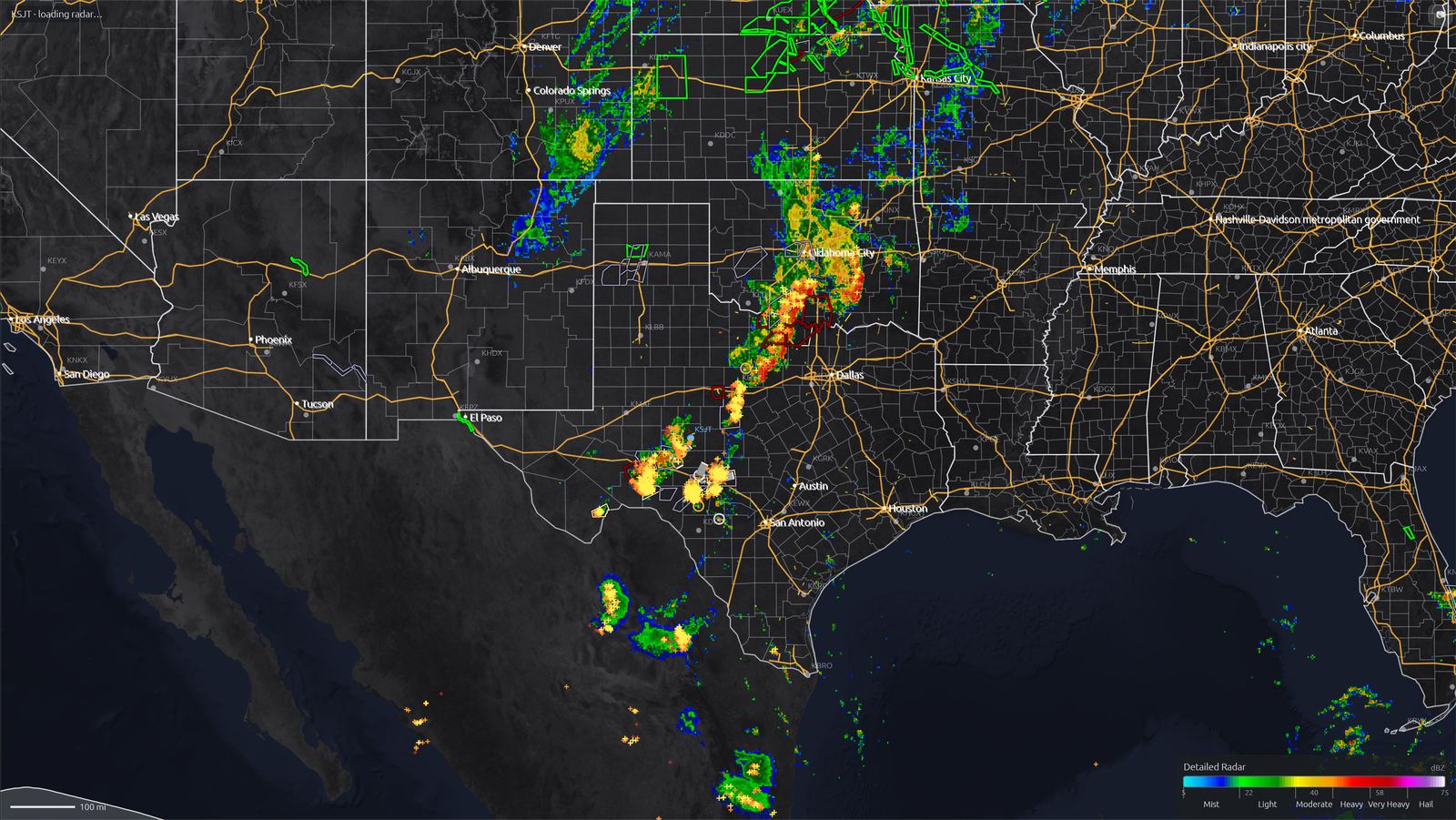 NOAA MRMS multi-radar mosaic reflectivity across the southern Plains
