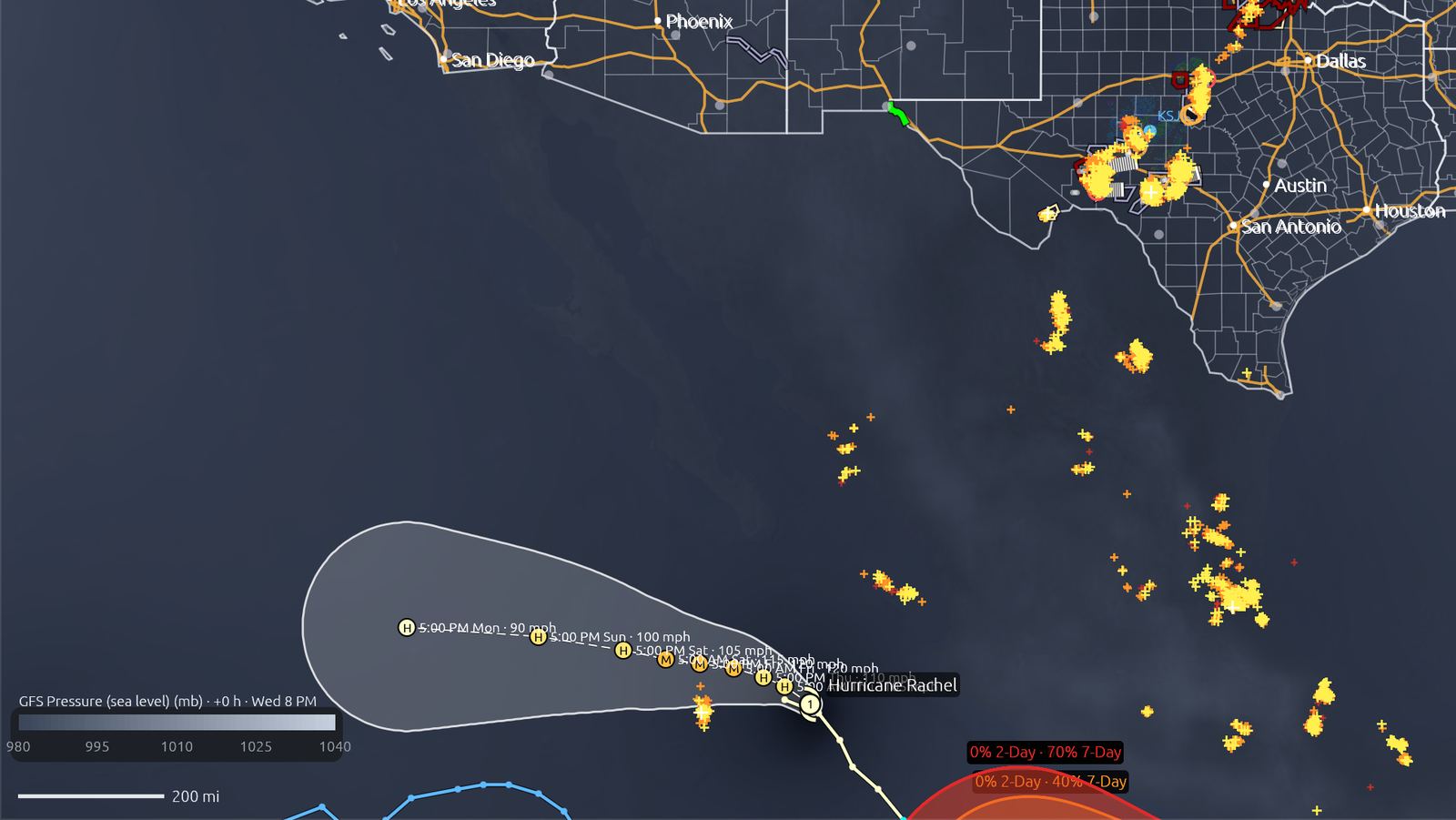 NHC forecast cone for an active Eastern Pacific hurricane on the LightningWX map
