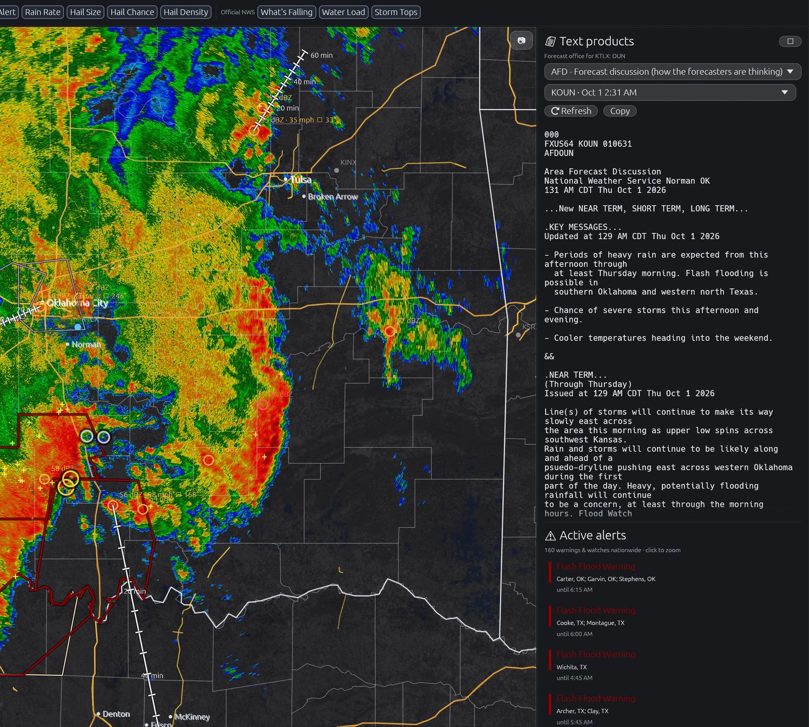 NWS text products window showing an Area Forecast Discussion beside live radar