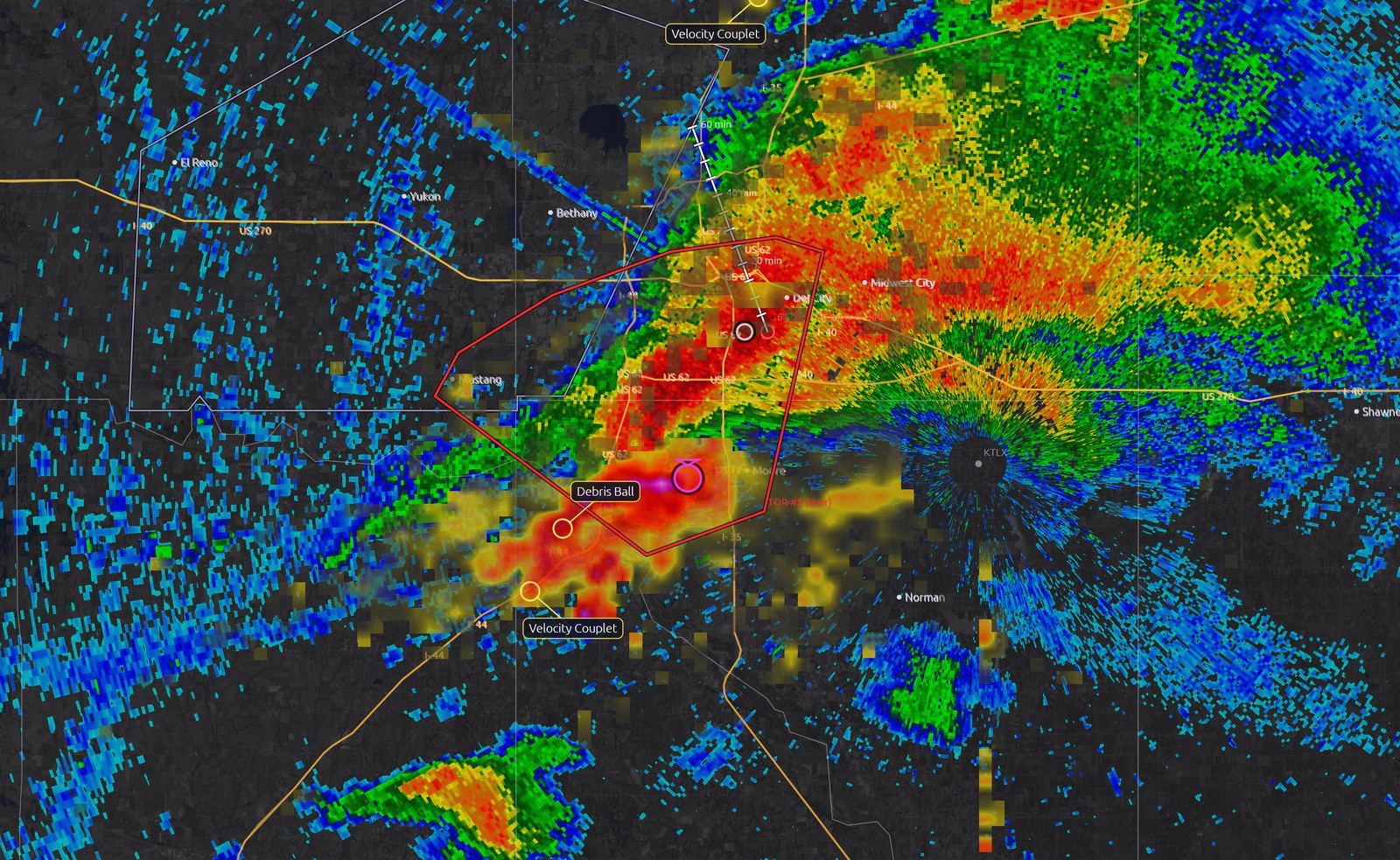 Practice tornado warning polygon on the Moore supercell from the Warning Generator (not an official warning)