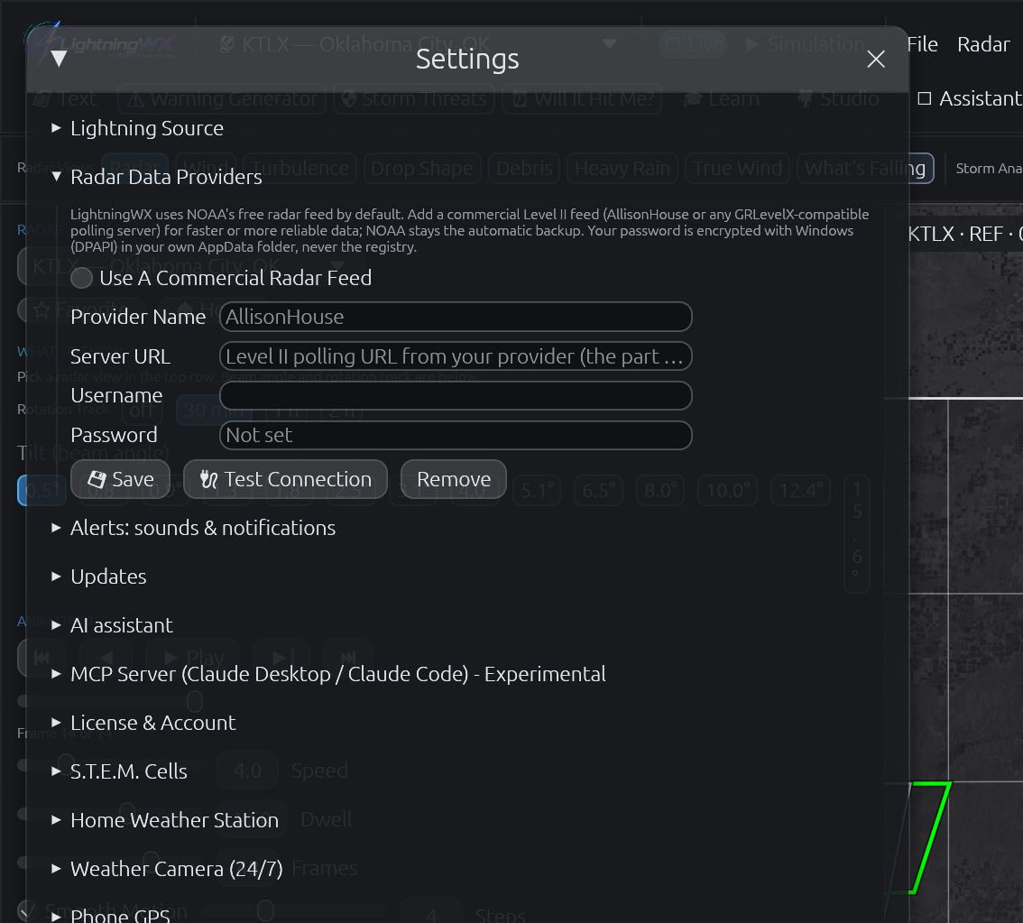 Radar Data Providers settings: NOAA by default with an optional commercial Level II feed