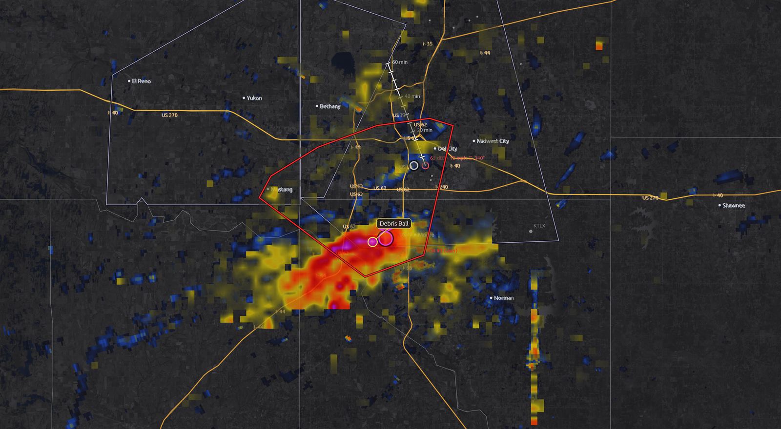 Rotation detections and two-hour rotation track along the path of the 2013 Moore tornado
