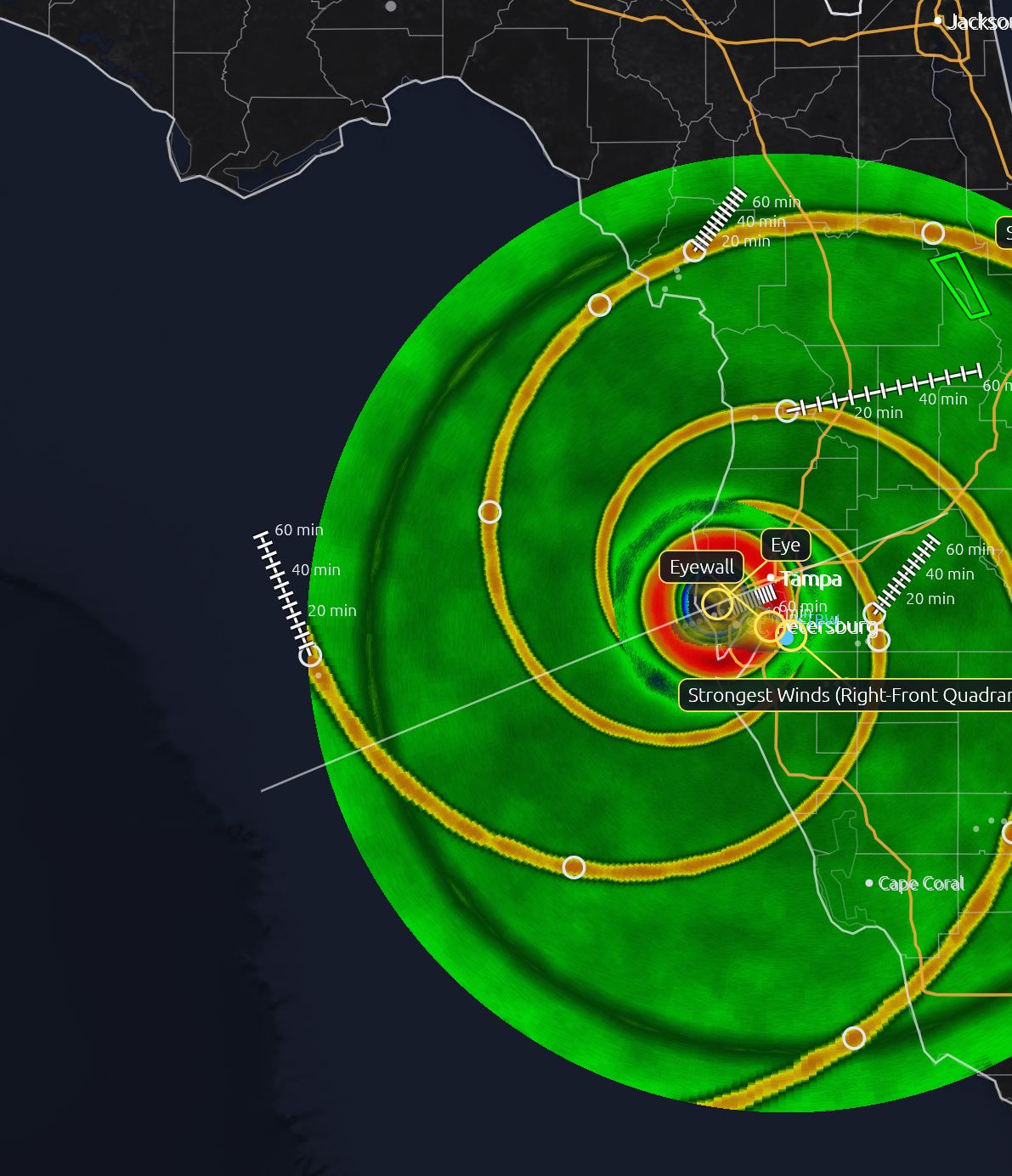 Simulated Category 4 hurricane landfall at Tampa for teaching, with eye, eyewall and rainbands labeled