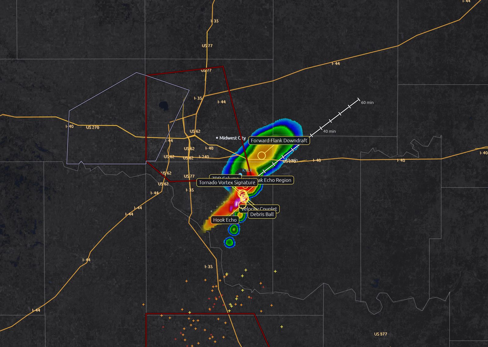 Simulated long-track tornado with its rotation track for teaching
