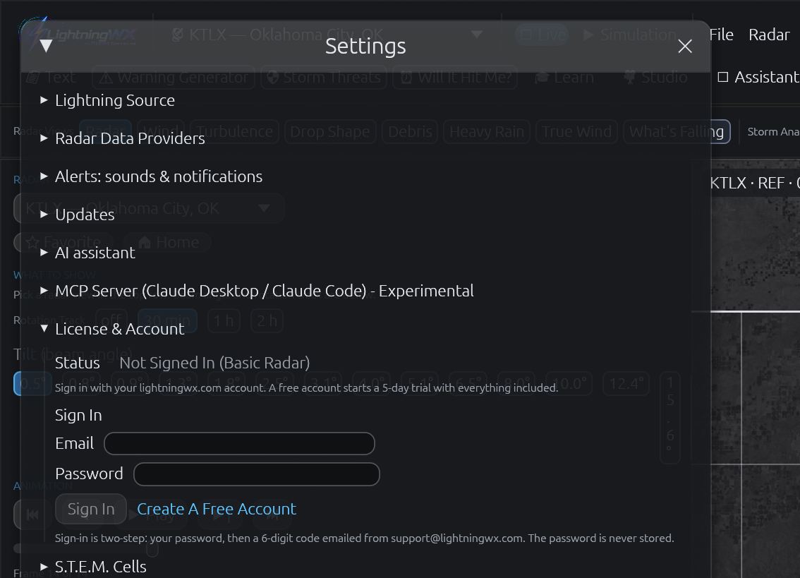 LightningWX Settings, License & Account: sign in with your lightningwx.com account to start the 5-day trial