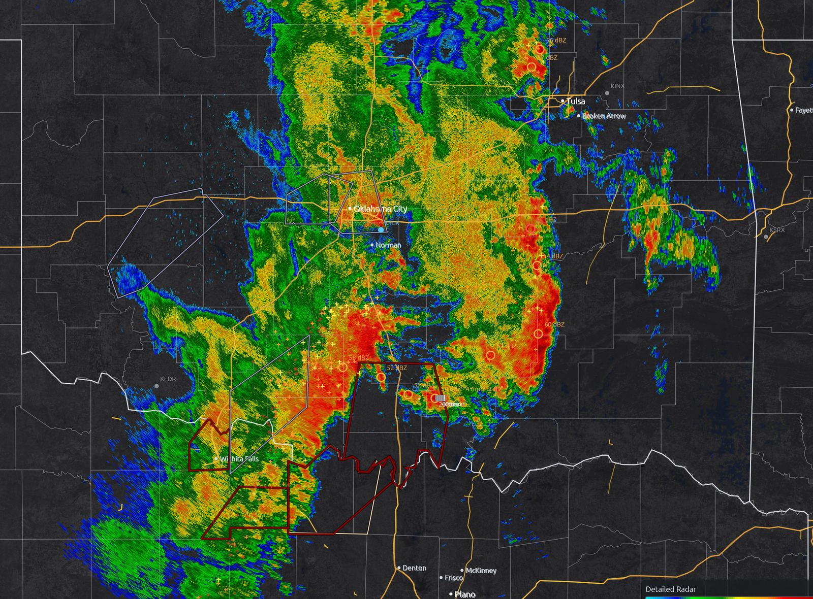 Storm motion tracks with 20, 40 and 60 minute arrival ticks over Oklahoma