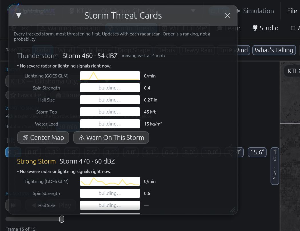 Live Storm Threat Cards ranking Oklahoma thunderstorms by hail, rotation and lightning