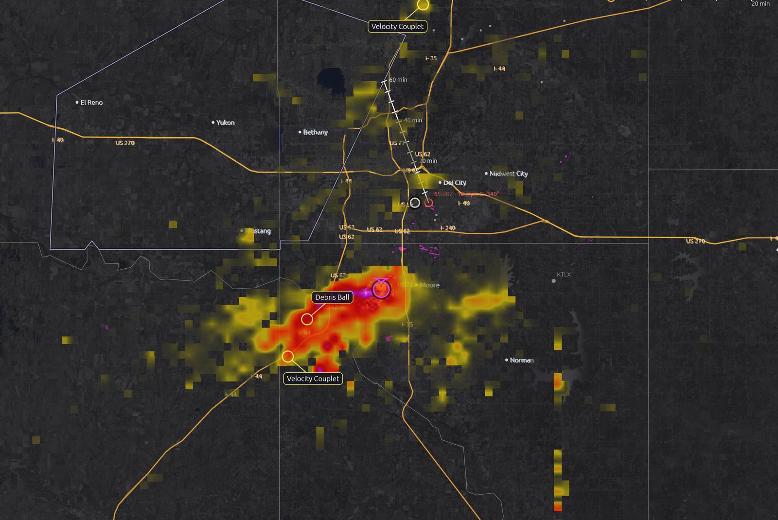 Debris Alert showing the tornado debris signature over Moore, Oklahoma