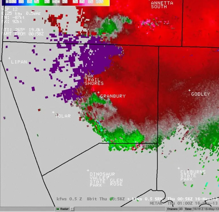 Radar velocity display with a tight red and green rotation couplet