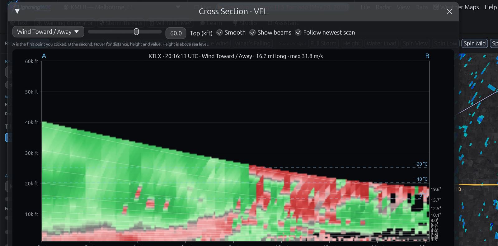 Vertical cross section of Doppler velocity through the Moore tornado