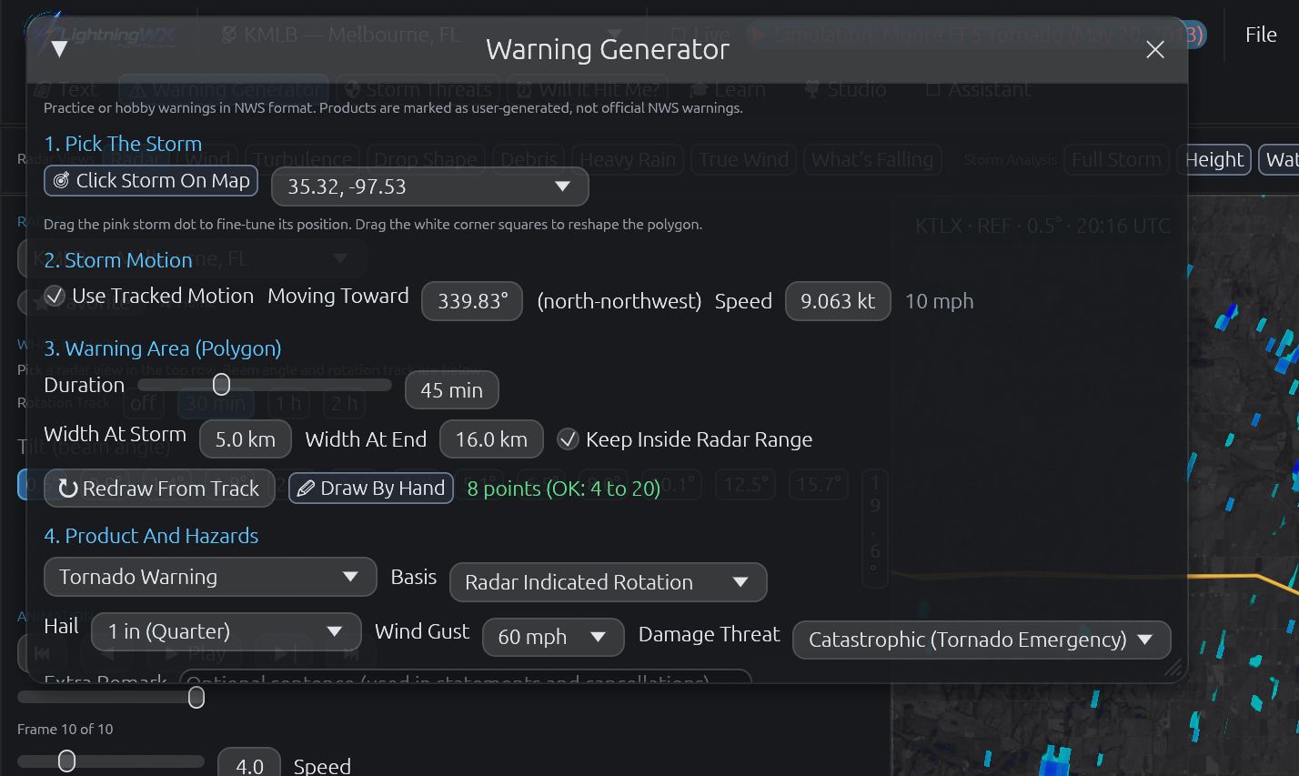 WarnGen-style Warning Generator trainer drafting a practice tornado warning for the Moore storm