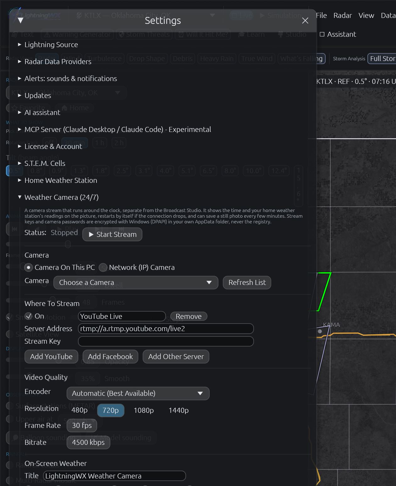 Weather Camera 24/7 stream settings with resolution, encoder and on-screen weather options