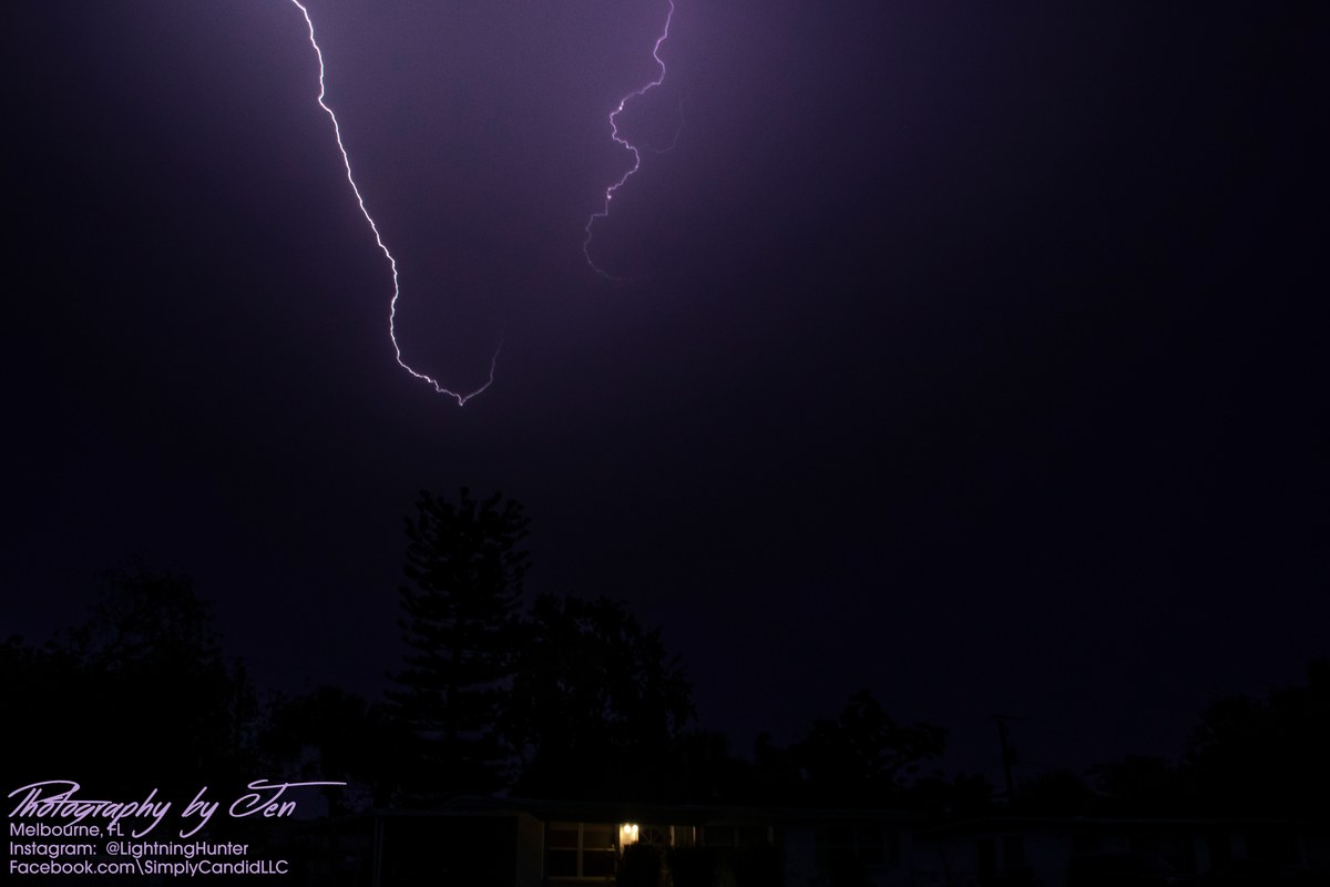 Lightning photograph by Jen (@lightninghunter): two thin violet lightning channels hang from the top of a dark night sky above tall tree silhouettes and low rooftops with a single porch light.